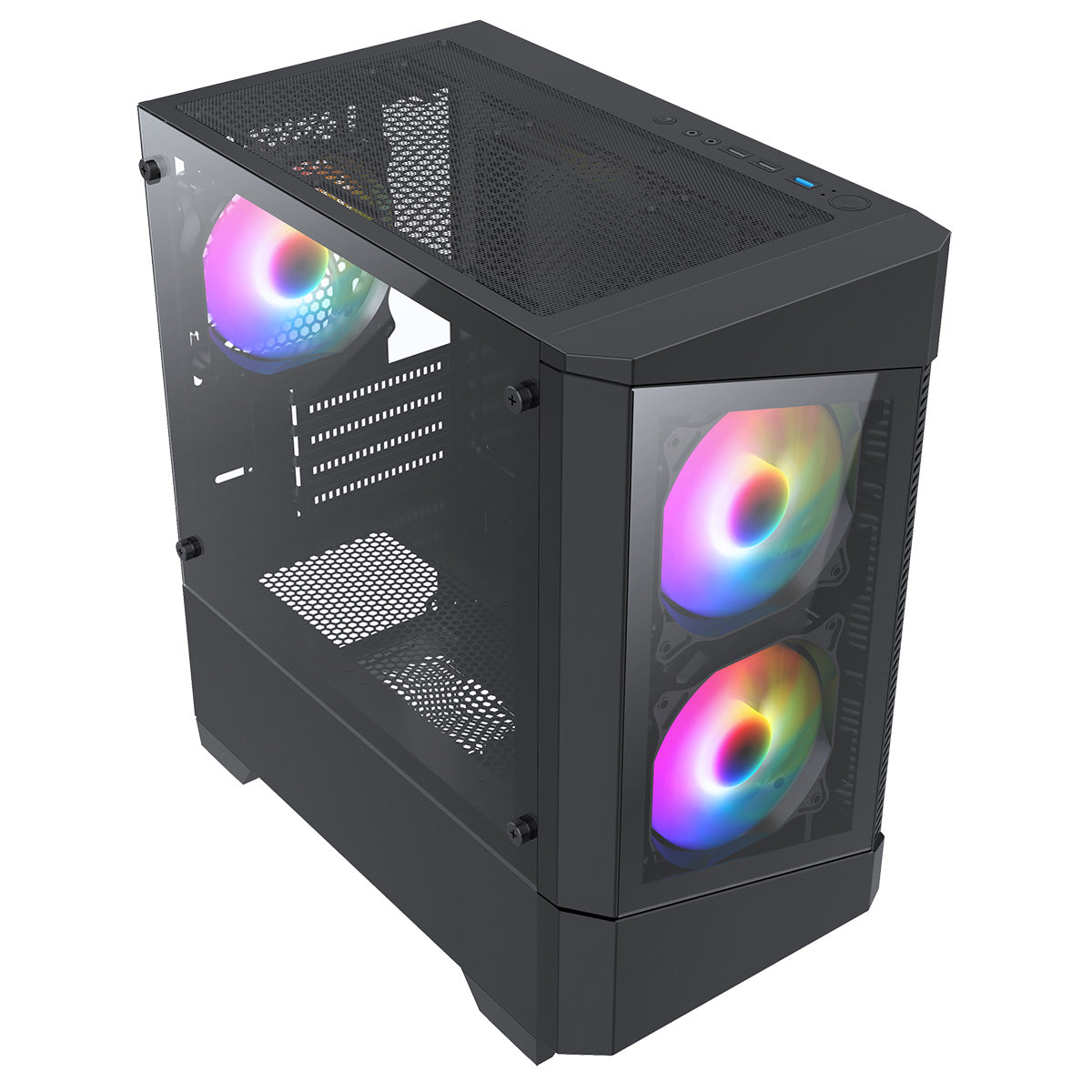 CiT Level 1 Black Micro-ATX PC Gaming Case with 3 RGB Rainbow Fans Included With Tempered Glass Front and Side Panel