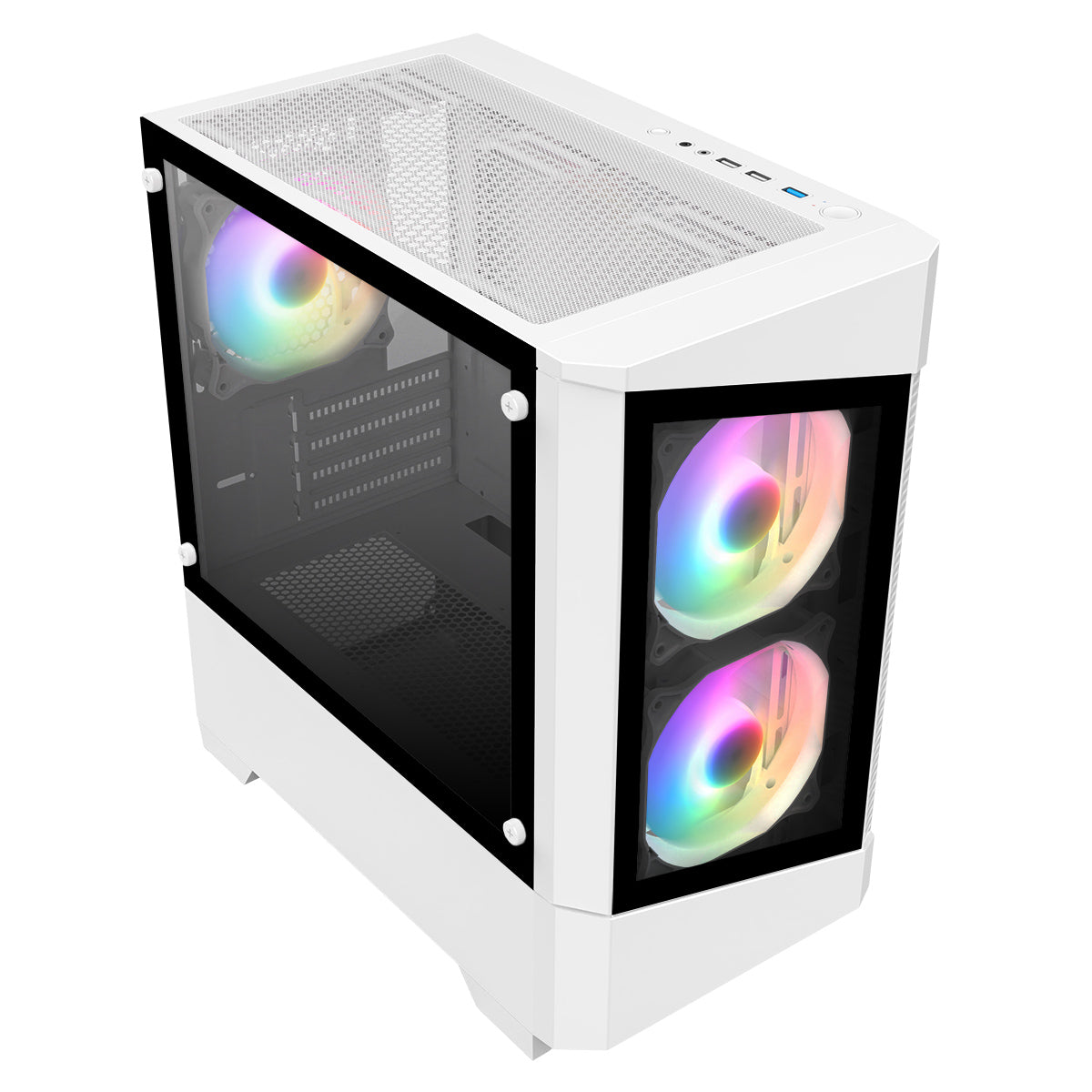 CiT Level 1 White Micro-ATX PC Gaming Case with 3 RGB Rainbow Fans Included With Tempered Glass Front and Side Panel