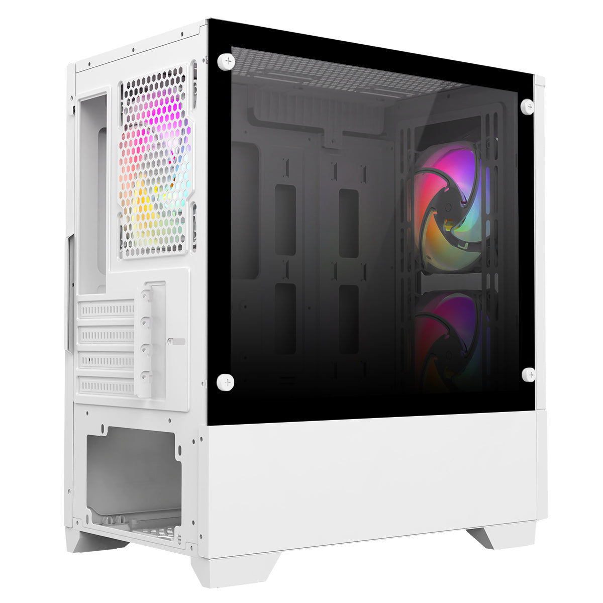 CiT Level 1 White Micro-ATX PC Gaming Case with 3 RGB Rainbow Fans Included With Tempered Glass Front and Side Panel