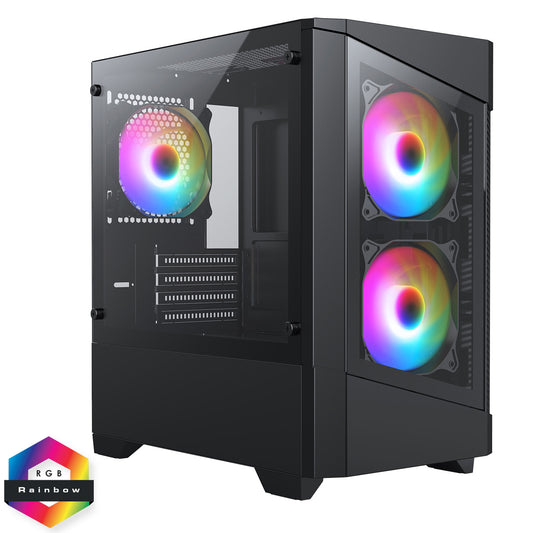 CiT Level 1 Black Micro-ATX PC Gaming Case with 3 RGB Rainbow Fans Included With Tempered Glass Front and Side Panel