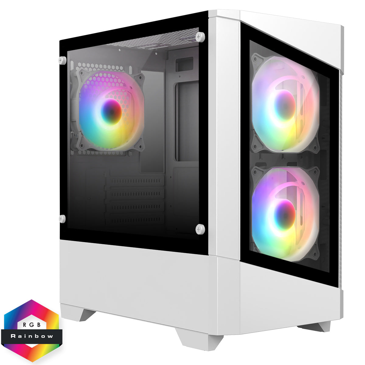 CiT Level 1 White Micro-ATX PC Gaming Case with 3 RGB Rainbow Fans Included With Tempered Glass Front and Side Panel