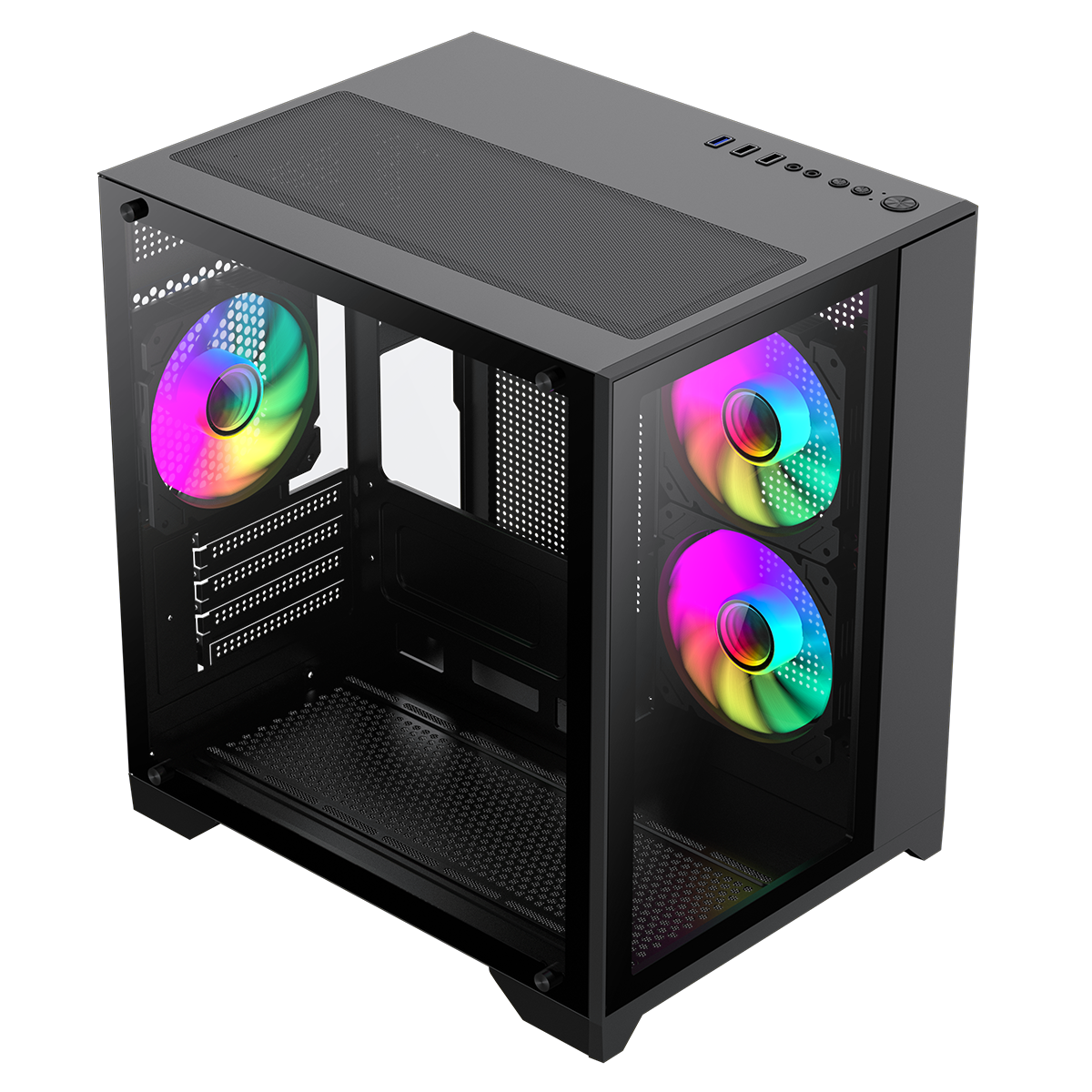 Infinity Mini Micro-ATX PC Black Gaming Case With 3 x FN-12 Rainbow-C9-Infinity Fans 6-Port Hub With Tempered Glass Side Panel