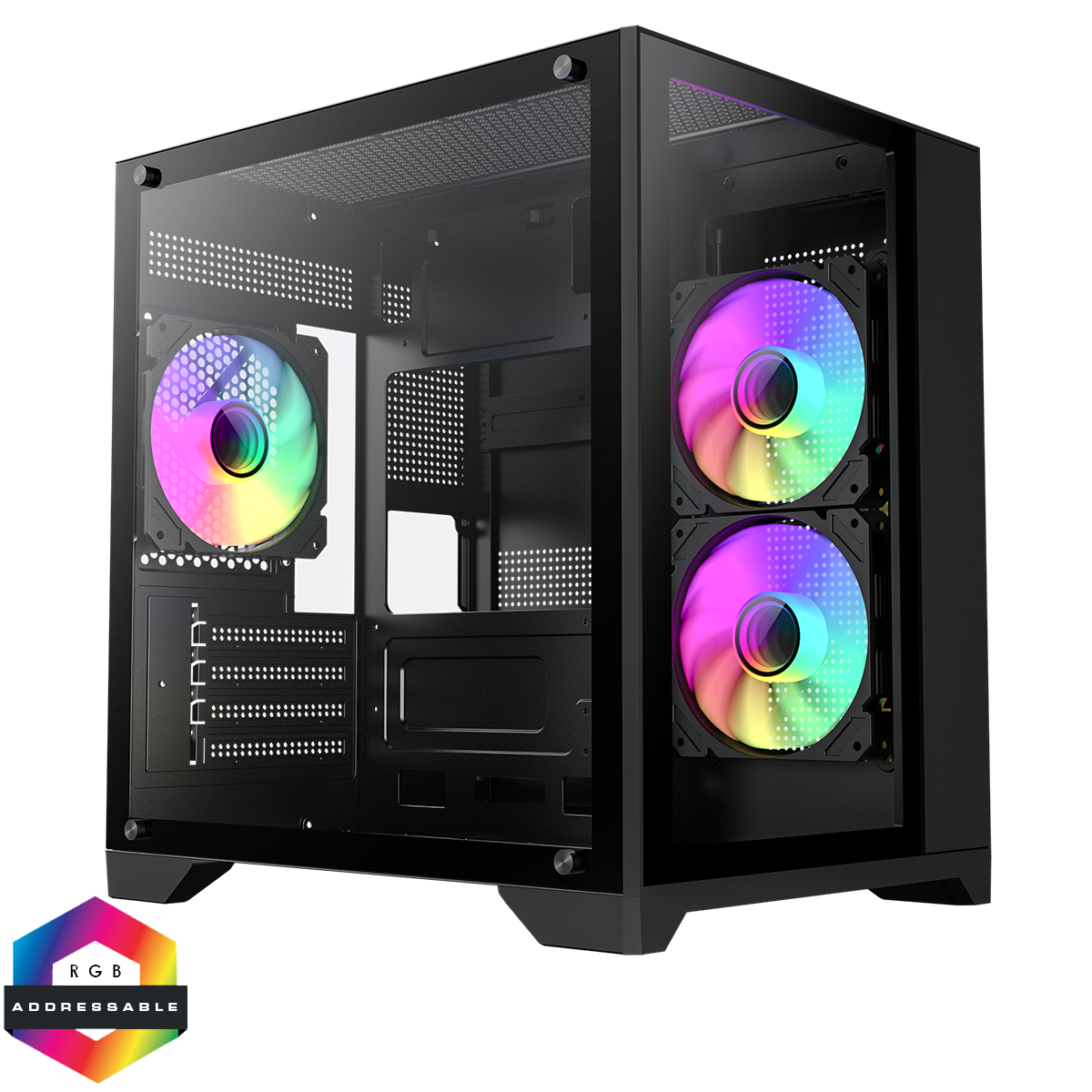 Infinity Mini Micro-ATX PC Black Gaming Case With 3 x FN-12 Rainbow-C9-Infinity Fans 6-Port Hub With Tempered Glass Side Panel