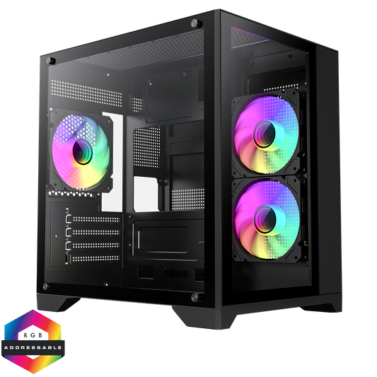 Infinity Mini Micro-ATX PC Black Gaming Case With 3 x FN-12 Rainbow-C9-Infinity Fans 6-Port Hub With Tempered Glass Side Panel